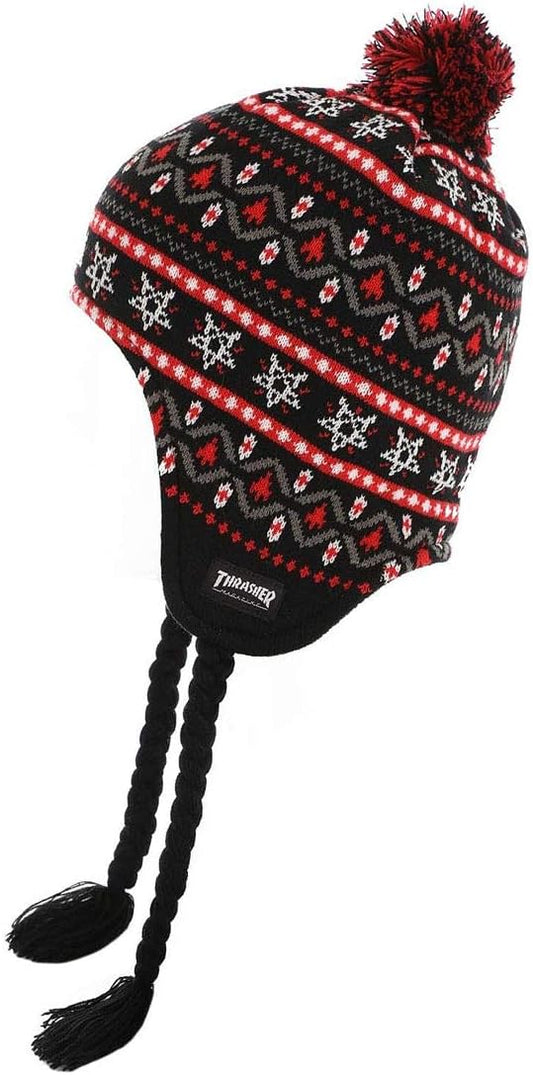 THRASHER BEANIE MAGAZINE LOGO SHERPA BLACK RED front back